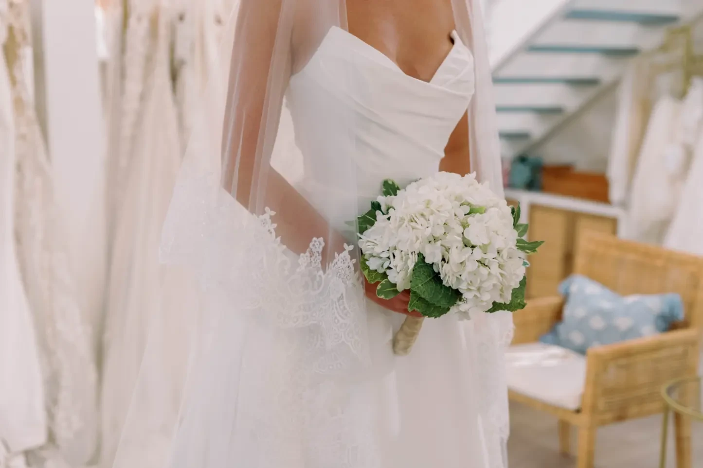 Model wearing a Strapless gown